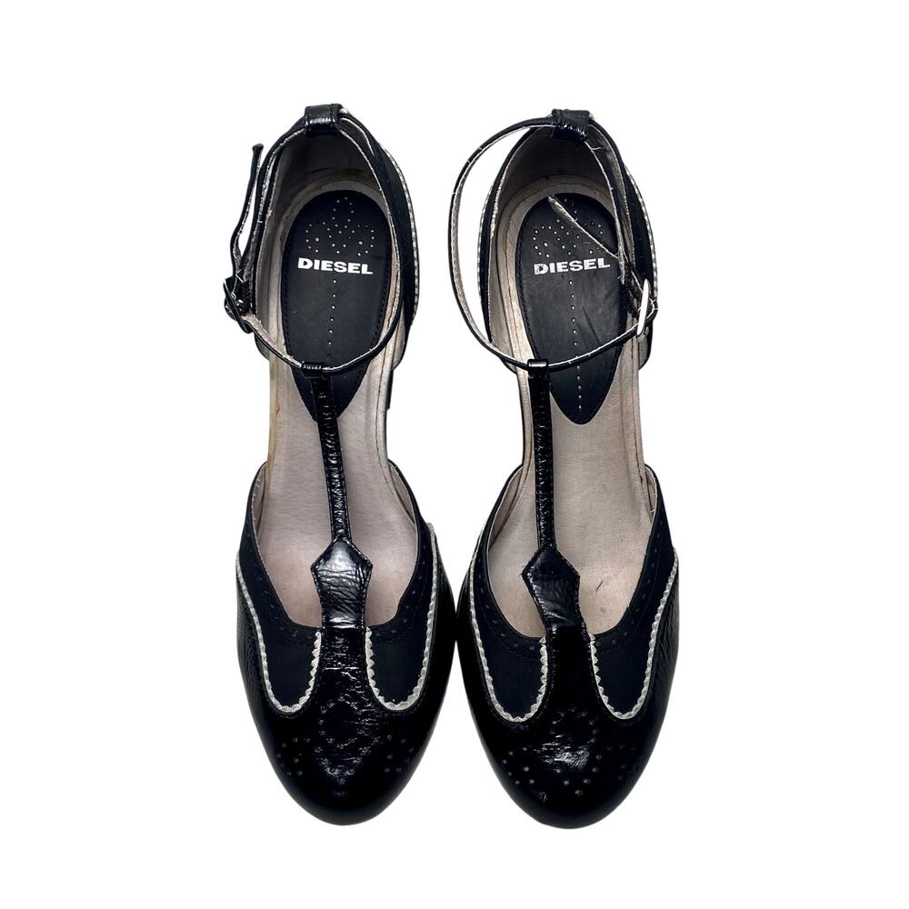 Diesel Black Genuine Leather T- Strap Wingtip Vintage Inspo Pin Up Heels Sz 9 US - Picture 7 of 16